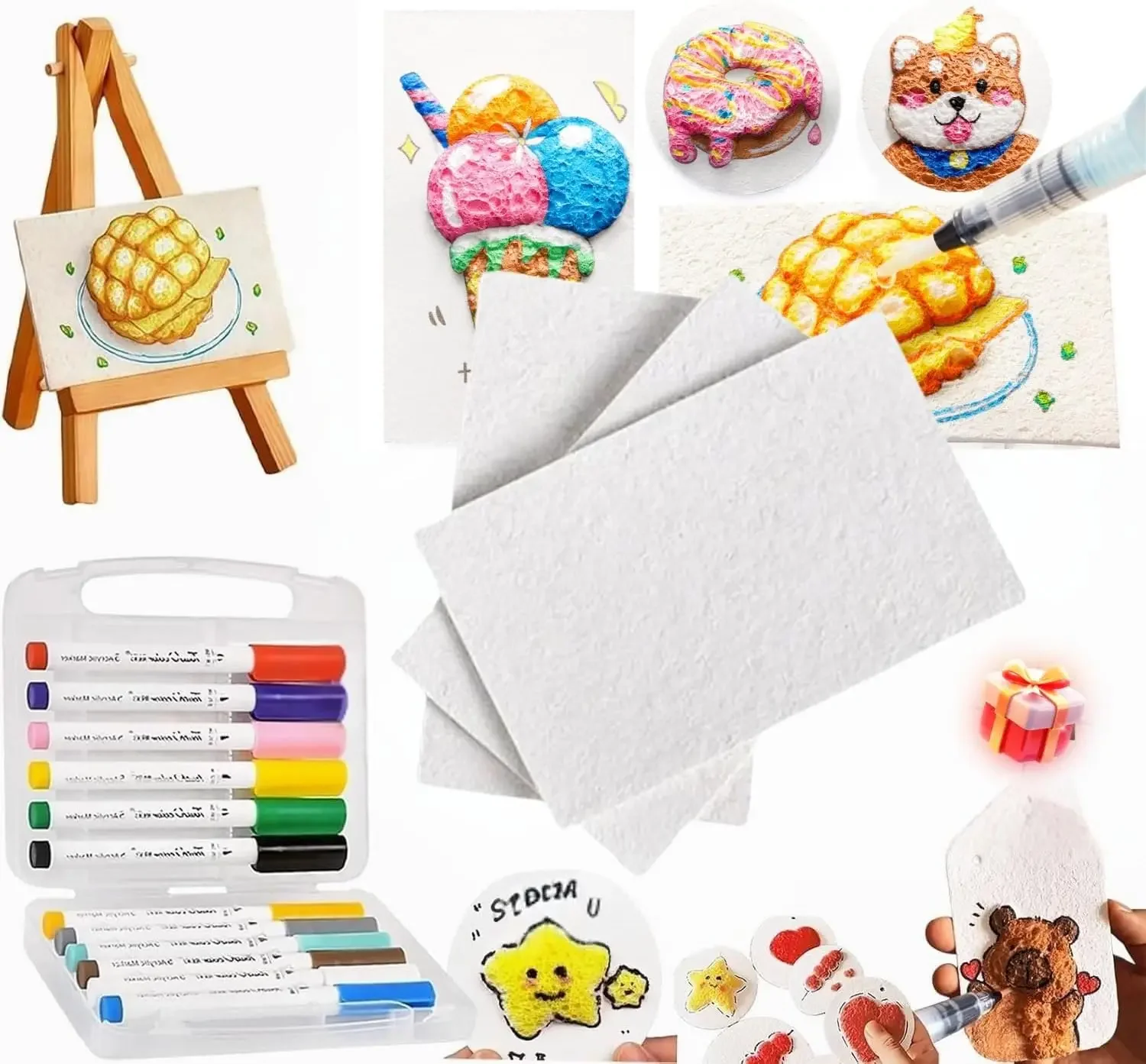 Magic Puffy Paint Art 3D Drawing Magic Canvas Sponge with 10 Foam Paint Paper and 12 Markers and 3 Soft tip water storage brush
